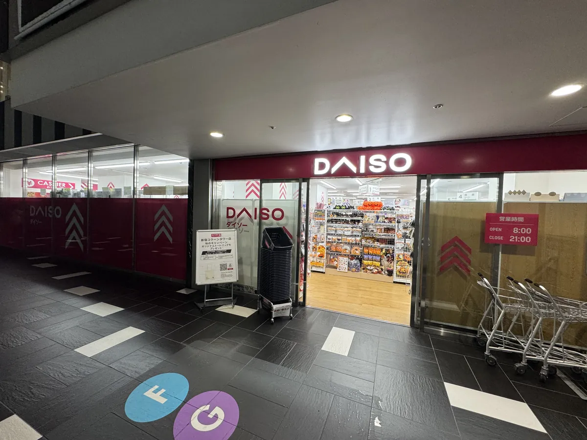 Pasukan ng isang tindahan ng DAISO. Nakasulat ang DAISO sa pulang karatula; sa tabi ng salaming pinto ay may karatulang "営業時間 OPEN 8:00 CLOSE 21:00" (oras ng operasyon) at mga shopping basket at cart.