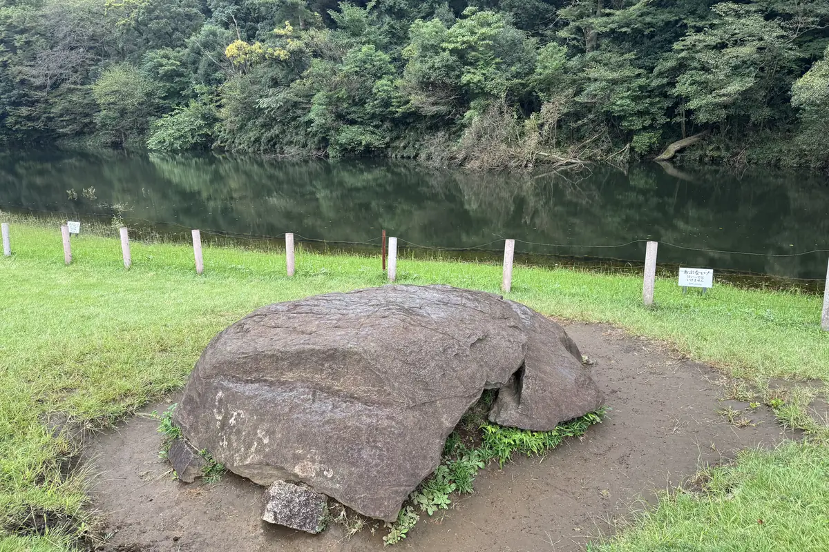 La Kameishi sul prato in riva allo stagno. È una grande roccia dalla forma simile al guscio di una tartaruga; dietro si vedono lo stagno e la foresta.