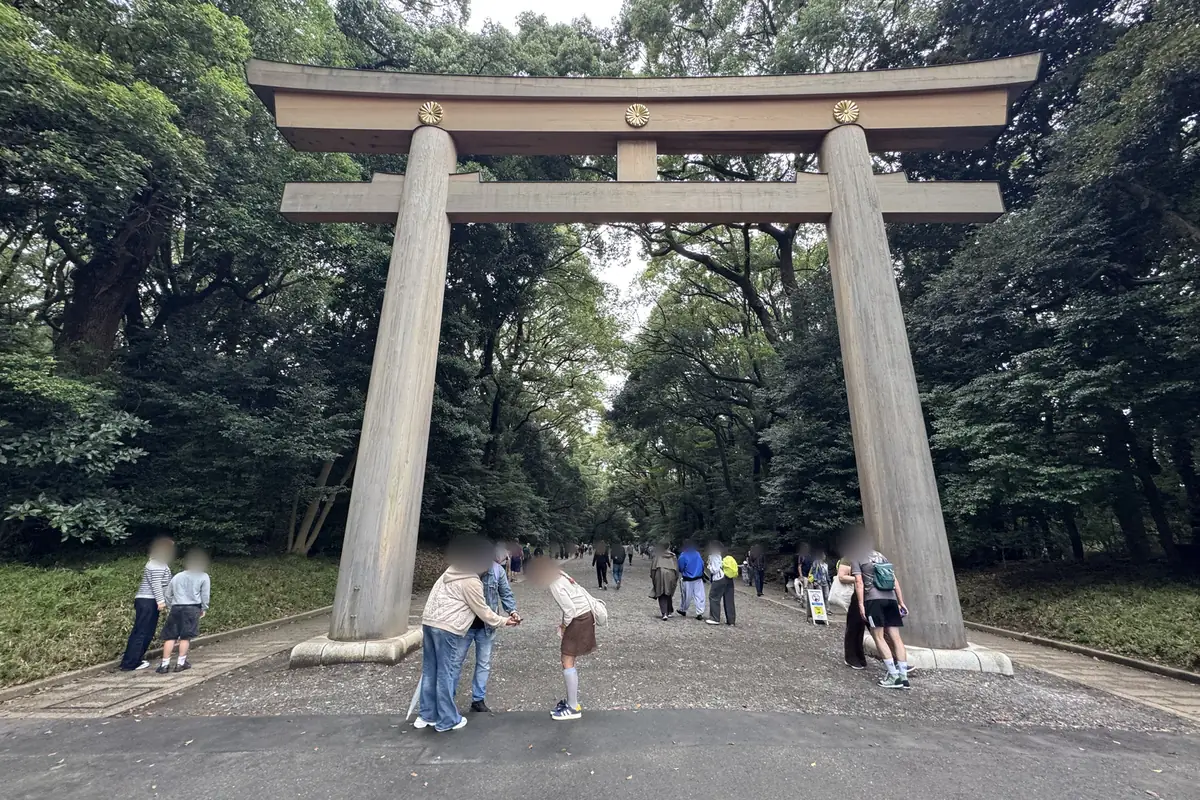 Un grande torii di legno sul viale Minami-sando. Sulla trave superiore ci sono 3 stemmi dorati del crisantemo. Davanti al torii una persona fa un inchino e, oltre il torii, prosegue l'ampio viale nella foresta.